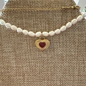 Gold and Red Heart Pendant Pearl Bracelet